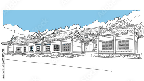 traditional korean hanok houses sketch hand drawn architectural line art with blue sky background