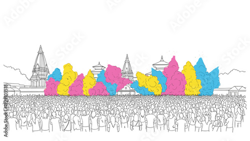 crowd of people celebrating with colorful powder clouds in hand drawn line art style with temple architecture background