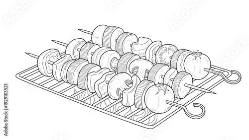hand drawn line art vegetable kebabs on a grill with mushrooms zucchini tomato and bell pepper
