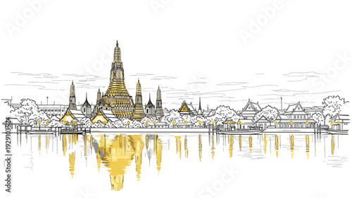 Wat Arun temple skyline with river reflection hand drawn sketch with gold accents illustration