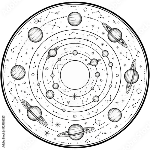Stunning celestial illustration of planets and stars in a circular cosmic design