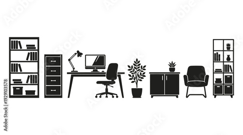 Home Office Furniture Icon Set – Workspace Essentials Featuring Desk, Chair, Bookshelf, Filing Cabinet, and Decor Elements for Interior Graphics and Productivity Design Projects