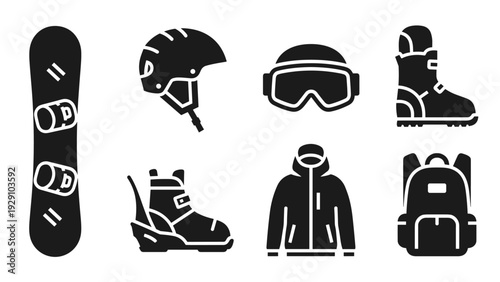 black silhouette snowboard equipment set with helmet goggles jacket boots and backpack in hand drawn style