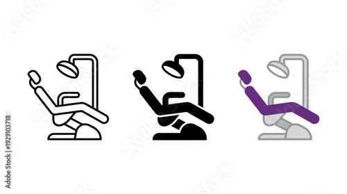 Dentist Chair Icon Set – Dental Equipment Silhouettes Featuring Reclined Patient Poses and Overhead Lamps for Healthcare Graphics and Clinic Interior Design Projects