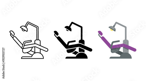 Dentist Chair Icon Set – Dental Equipment Silhouettes Featuring Reclined Patient Poses and Overhead Lamps for Healthcare Graphics and Clinic Interior Design Projects
