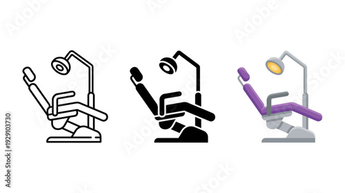 Dentist Chair Icon Set – Dental Equipment Silhouettes Featuring Reclined Patient Poses and Overhead Lamps for Healthcare Graphics and Clinic Interior Design Projects