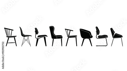 Modern Chair Icon Set – Stylish Seating Silhouettes Featuring Contemporary Designs with Unique Legs, Backs, and Armrests for Interior Decor and Furniture Graphics Projects