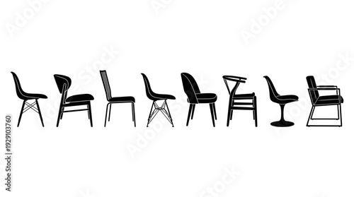 Modern Chair Icon Set – Stylish Seating Silhouettes Featuring Contemporary Designs with Unique Legs, Backs, and Armrests for Interior Decor and Furniture Graphics Projects