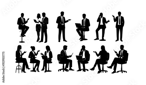 Business People Sitting Silhouettes Vector Set – Businessmen and Businesswomen Working and Chatting