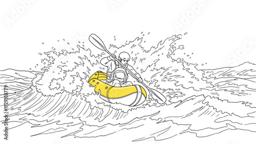 man rafting on whitewater river in yellow inflatable kayak hand drawn illustration