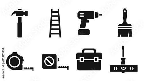 collection of black silhouette construction and repair tool icons including hammer ladder drill paintbrush tape measures toolbox and screwdriver with level