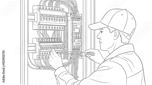 electrician working on circuit breaker box hand drawn technical line art illustration