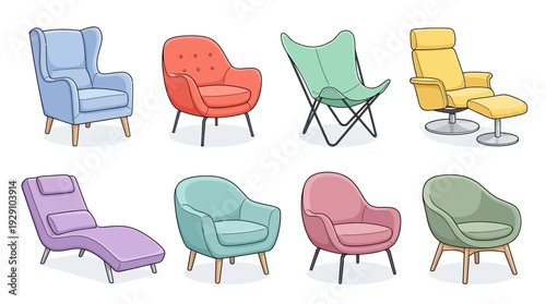 Modern Lounge Chair Illustration Set – Colorful Armchair Designs Featuring Stylish Upholstery and Unique Silhouettes for Interior Decor, Furniture Graphics, and Home Design Projects