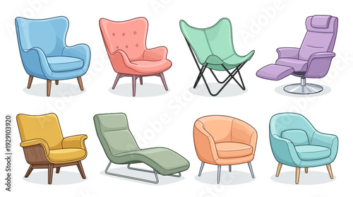 Modern Lounge Chair Illustration Set – Colorful Armchair Designs Featuring Stylish Upholstery and Unique Silhouettes for Interior Decor, Furniture Graphics, and Home Design Projects