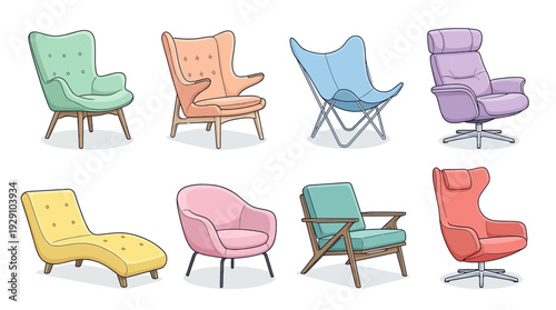 Modern Lounge Chair Illustration Set – Colorful Armchair Designs Featuring Stylish Upholstery and Unique Silhouettes for Interior Decor, Furniture Graphics, and Home Design Projects
