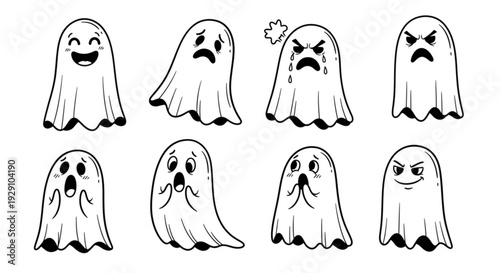 Collection of cartoon ghost characters with different emotions