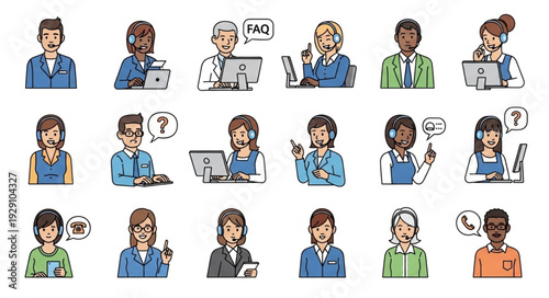 Diverse customer service representatives assisting clients with various inquiries and support.