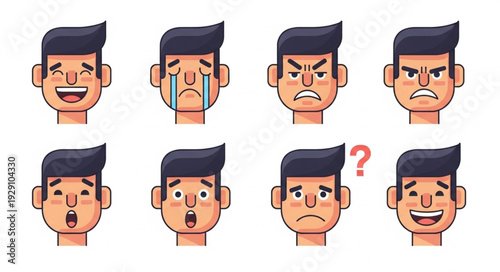 Diverse emotional expressions of a cartoon man, showcasing various feelings and moods.
