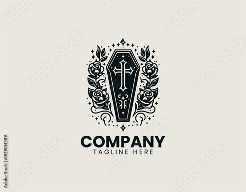 Gothic coffin with roses and cross in clean modern vector illustration style
