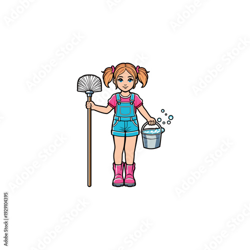 Cartoon Girl Cleaning with Mop and Bucket.