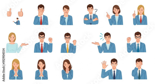 Diverse business professionals showcasing various emotions and gestures in a corporate setting.