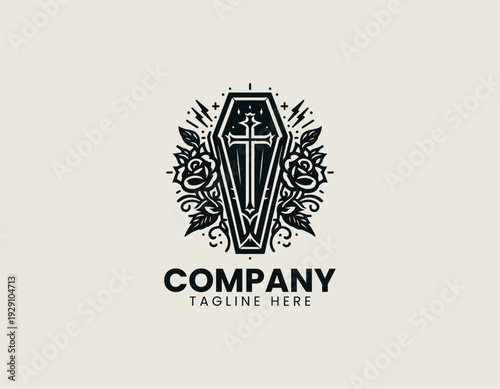 Gothic coffin with roses and cross in clean modern vector illustration style