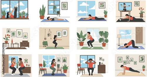Set of people exercising at home, featuring various yoga poses, strength training, and indoor workouts in a modern cozy apartment, isolated vector,