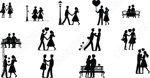 Set of romantic couple silhouettes in various poses including walking holding hands sitting on benches and gifting hearts isolated on white background,