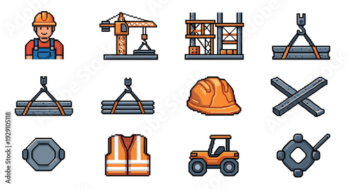 construction worker safety helmet crane steel beams and machinery hand drawn icons set