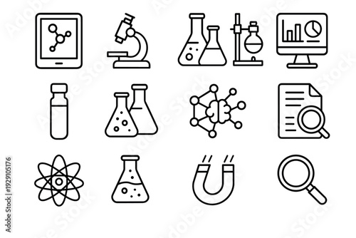 scientific research and laboratory equipment icon set in black outline style for technology and education