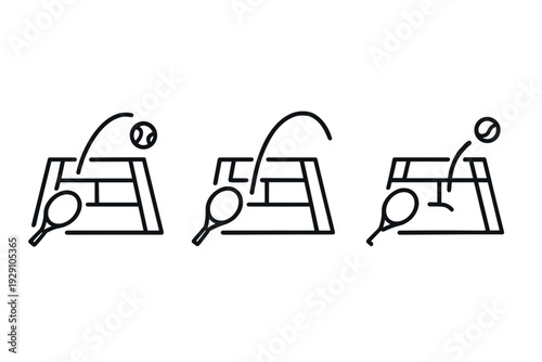 tennis court with racket and ball trajectory hand drawn icon set of three simple black line art illustrations