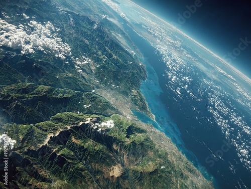 High-angle, orbital view of earth revealing coastline, mountains, ocean, clouds, and atmosphere