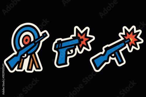 set of hand drawn guns and target icons with flat design style for shooting and firearm concept