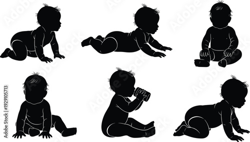 Baby silhouette collection set, crawling sitting and drinking toddler poses, infant development stages illustration isolated on white background