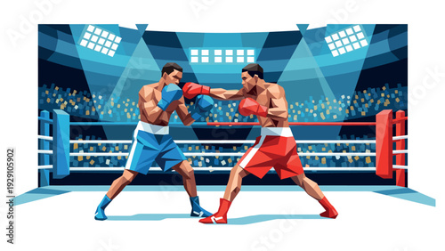 two male boxers fighting in ring with spotlight crowd geometric style