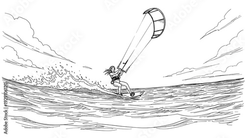 woman kitesurfing on ocean waves hand drawn black and white line art aquatic sport illustration