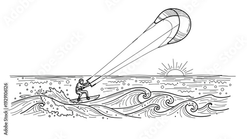 kite surfer riding waves on the ocean hand drawn line art illustration