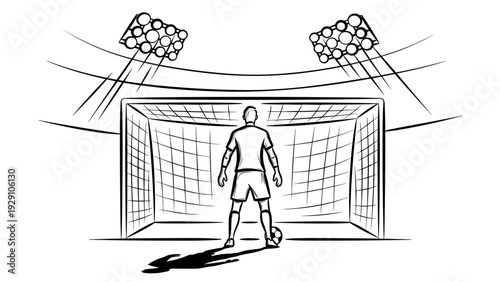 soccer goalkeeper standing in front of goalpost with ball hand drawn line art sports illustration