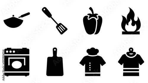 set of black cooking and kitchen icons including wok spatula pepper flame oven cutting board and chef uniform hand drawn style