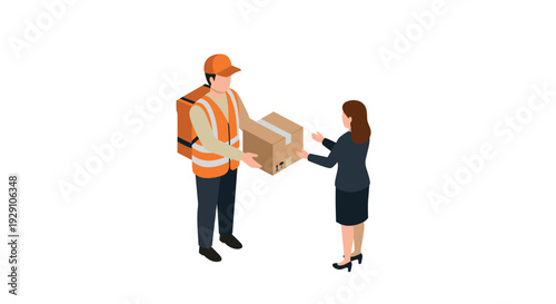 delivery person handing over a cardboard box to a woman in business attire isometric illustration