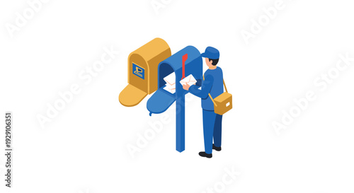 isometric mailman delivering letters to open mailboxes vector illustration