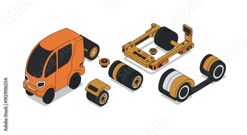 isometric remote control car with chassis wheels and parts hand drawn illustration set