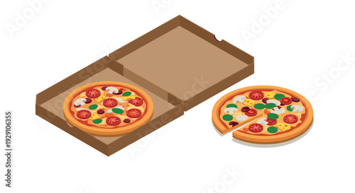 two colorful pizzas with vegetables in and out of a cardboard delivery box isometric illustration