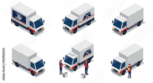 isometric postal delivery trucks and mail carriers collection with hand drawn style for logistics and shipping design
