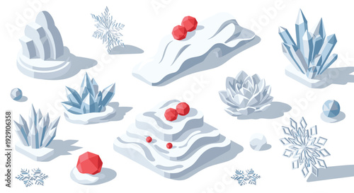 isometric abstract ice formations and snowflakes collection with red geometric berries in modern style