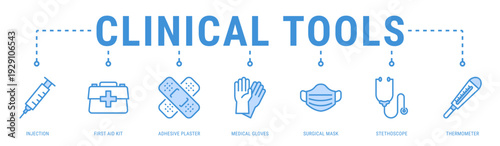 Clinical Tools web banner icon vector illustration with Injection, First Aid Kit, Adhesive Plaster, Medical Gloves, Surgical Mask, Stethoscope and Thermometer