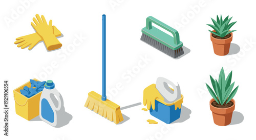 isometric cleaning tools and houseplants set with gloves bucket mop scrub brush and aloe vera plants
