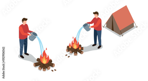 isometric man pouring water on campfire near tent flat vector illustration