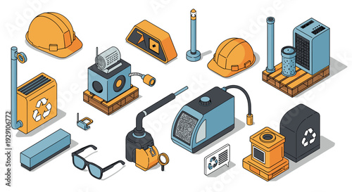 isometric industrial safety equipment icons set with hard hats and recycling bins hand drawn