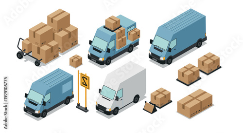 isometric delivery trucks and parcels set with hand drawn style for logistics and shipping design
